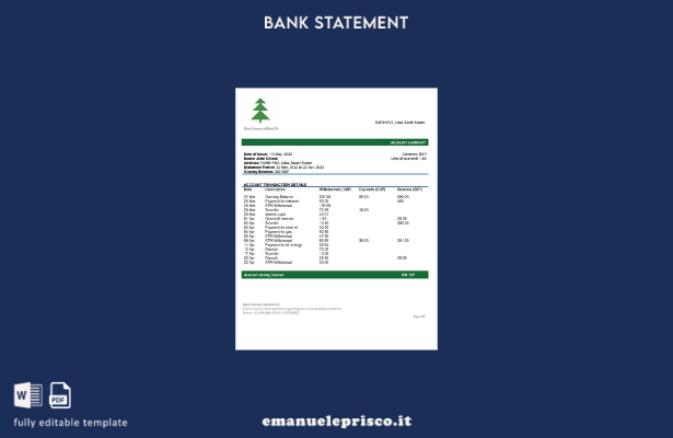 modello word di estratto conto bancario commerciale Sud Sudan Eden in stile veri
